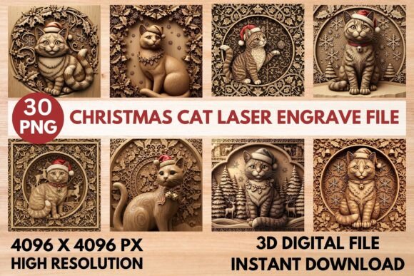 3D Christmas Cat Laser Engrave File for Festive Crafting