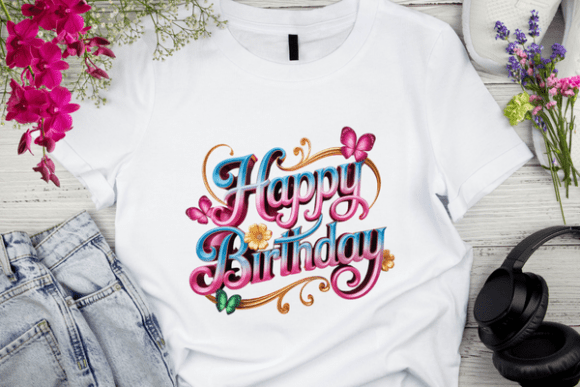 3D Happy Birthday Text with Flowers & Gold Design