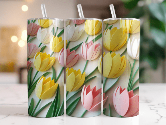 3D Paper Tulips 20oz Tumbler Wrap: Vibrant Floral Design