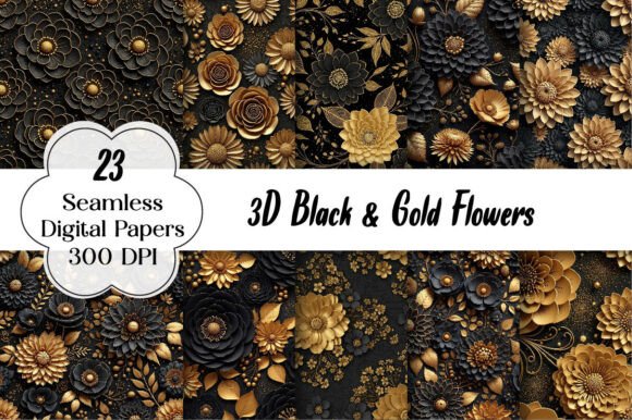 Luxurious 3D Black & Gold Floral Digital Papers