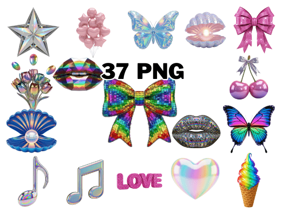 Vibrant Holographic Chrome 3D Icons: A Modern Design Asset